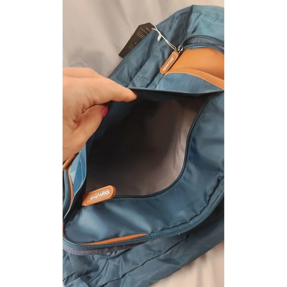 Bagparkk Blue Nylon  Brown Faux Leather Trim Travel Bag NWT